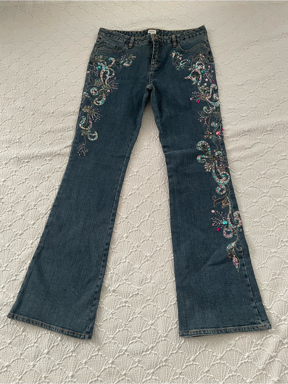 NWOT Cache Sequin Emboridered & Embellished Flare Low Rise Jeans Sparkle & Shine